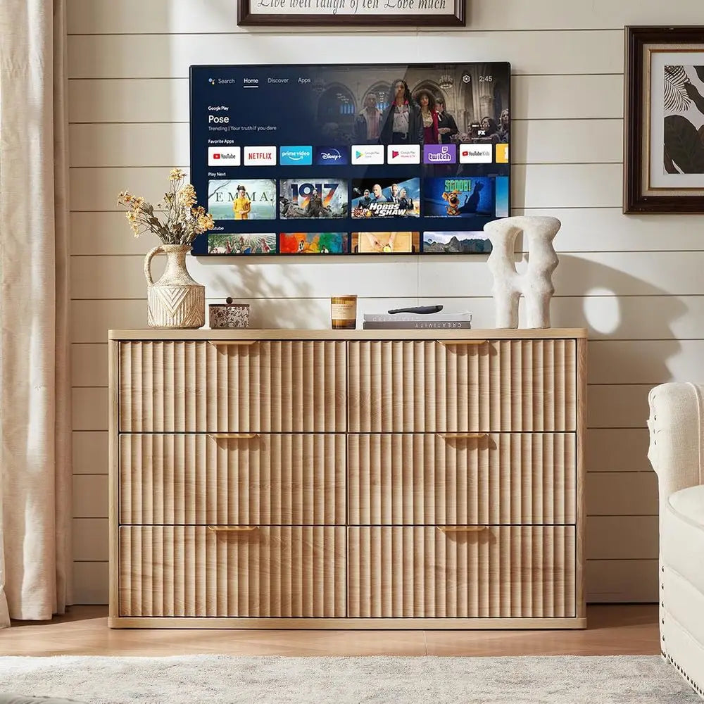 Six Drawer Wide Dresser With Metal Handles Rustic Distressed Wood