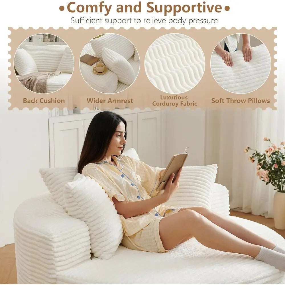 Corduroy Upholstered Round Lounge Chair Chaise With Deep Seat