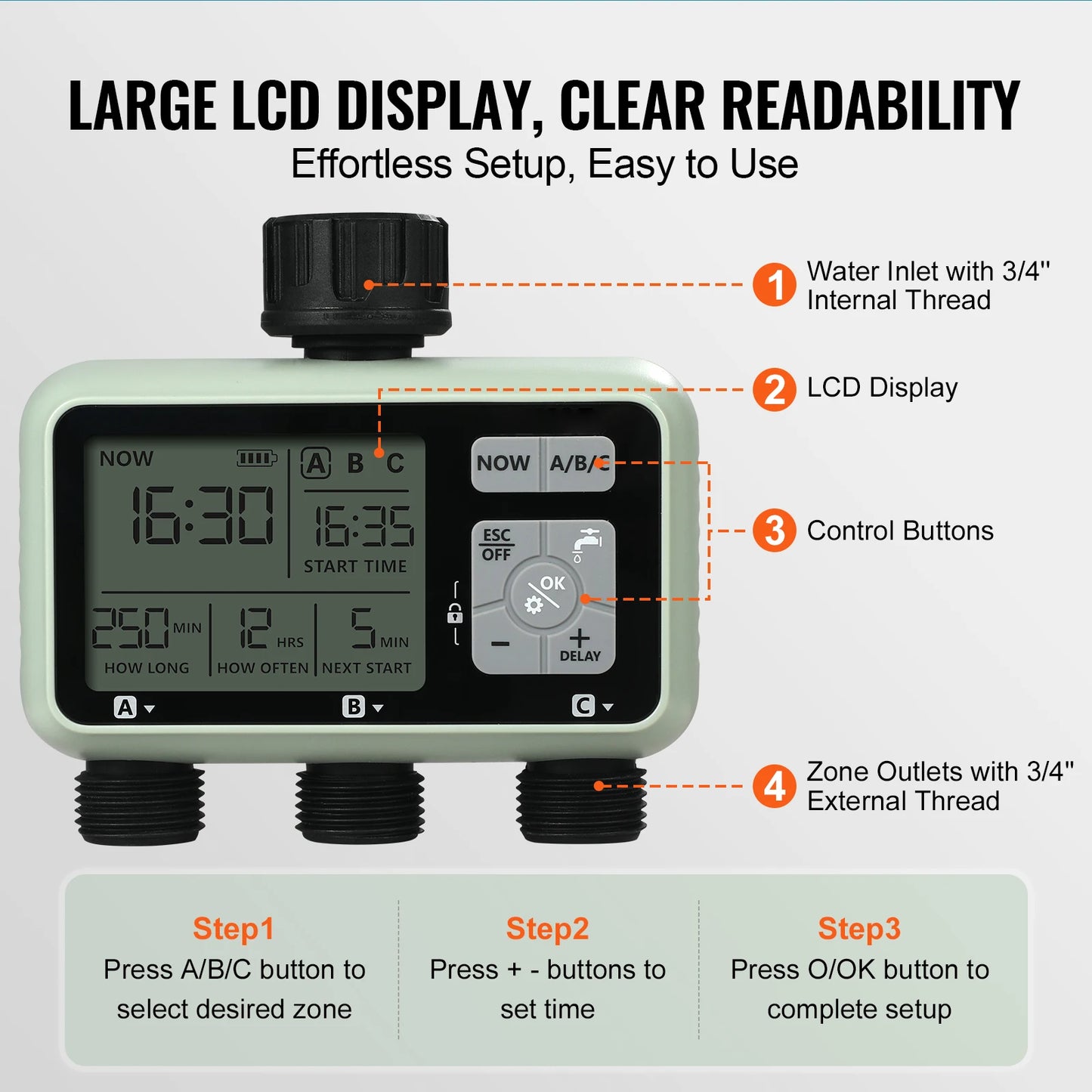 SucceBuy 3 Outlet Water Timer With LCD Display Rain Delay