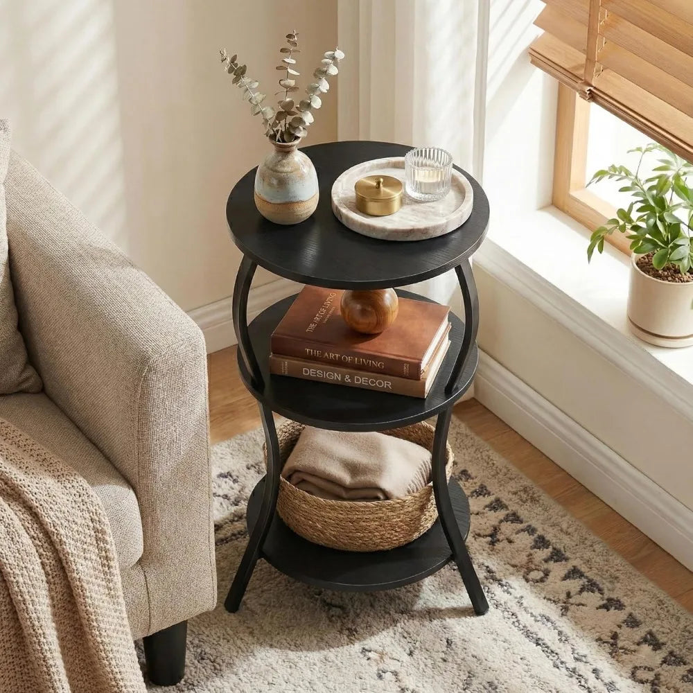 NBVCX Small Round 3 Tier Side Table With Storage Shelf