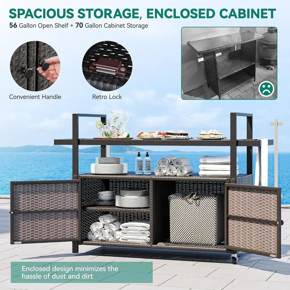 Outdoor Wicker Rolling Kitchen Island With Bar Table Storage