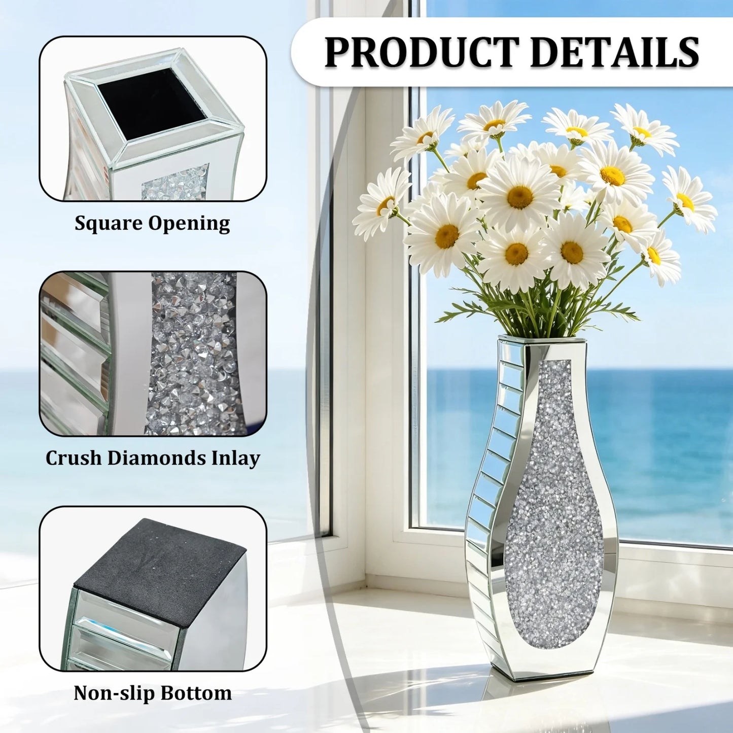 Crushed Diamond Mirror Table Vase Crystal Silver Glass Stunning Decorative Vase for Holding Dried Flowers Can’t Hold Water