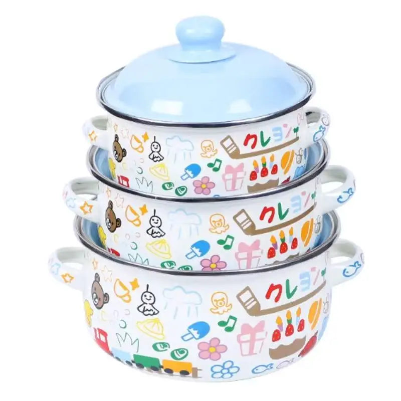 Three Piece Vintage Enamel Stock Pot Set With Lid Induction