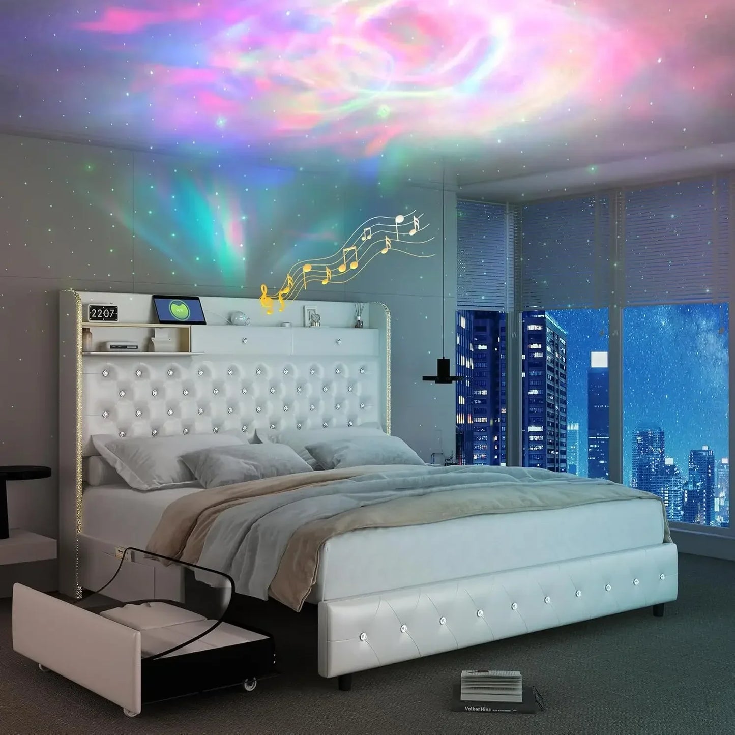 LED Platform Bed Frame With Galaxy Aurora Star Projector And Charging Station