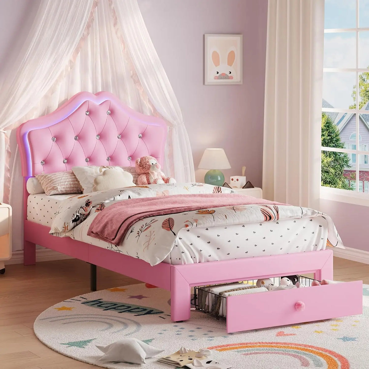 HiMISS Velvet Platform Bed Frame With LED Headboard Storage Drawer