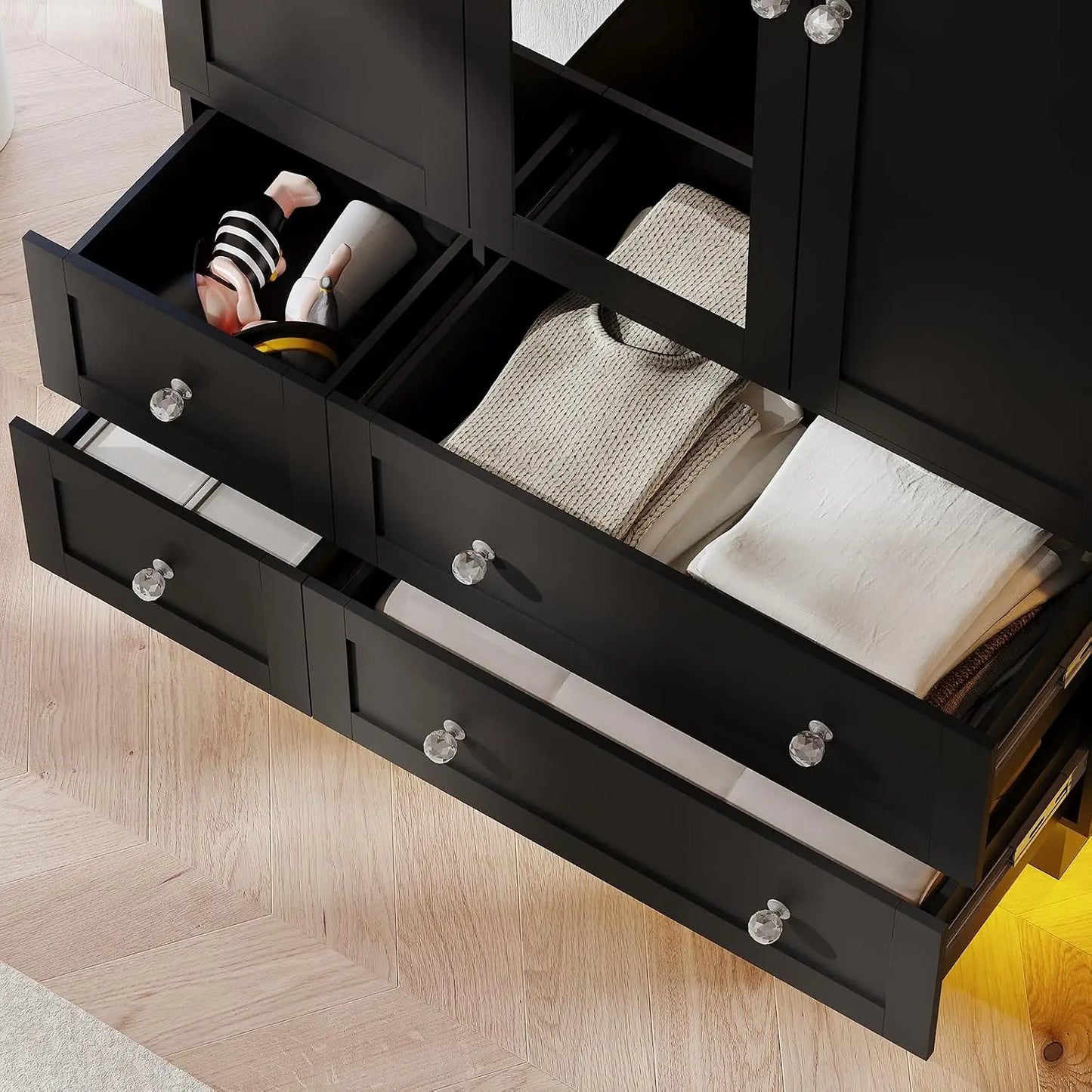 Wardrobe Closet With 3 Doors 4 Drawers Mirror Armoire LED