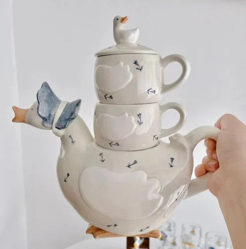 Japanese Style Cute Duck Mom Zai Zai Porcelain Tableware Tea Pot Cup Set