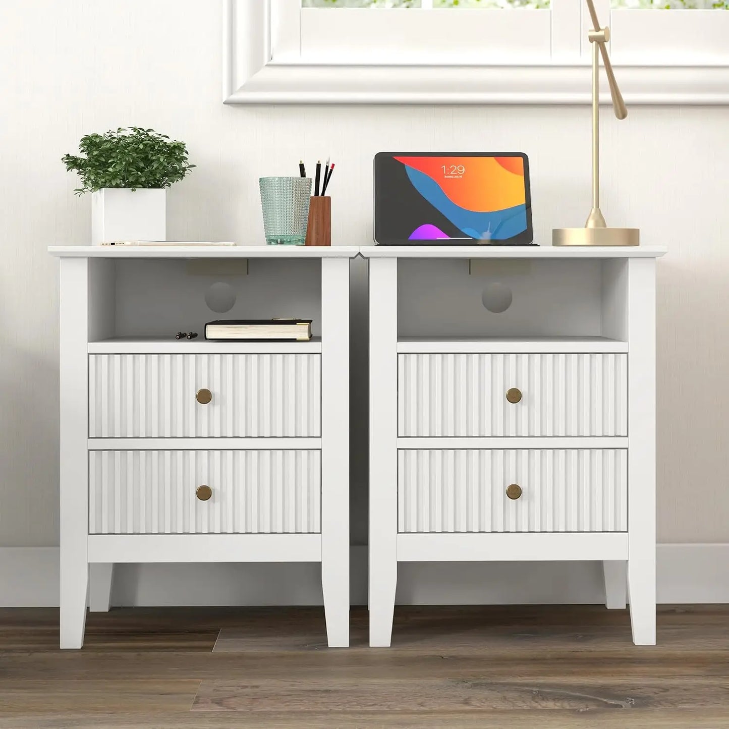 Fluted Nightstand Set Of 2 With Charging Station And Storage Shelf