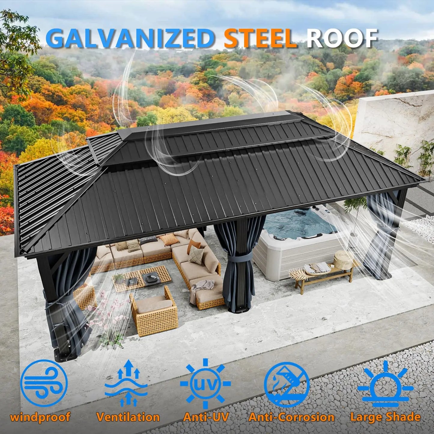 Tooluck Hardtop Gazebo With Galvanized Steel Roof And Flame Resistant Curtain