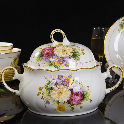 Jingdezhen Bone China Tableware Set Round Plates Bowls Spoons Floral