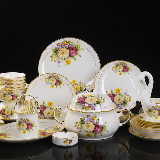 Jingdezhen Bone China Tableware Set Round Plates Bowls Spoons Floral