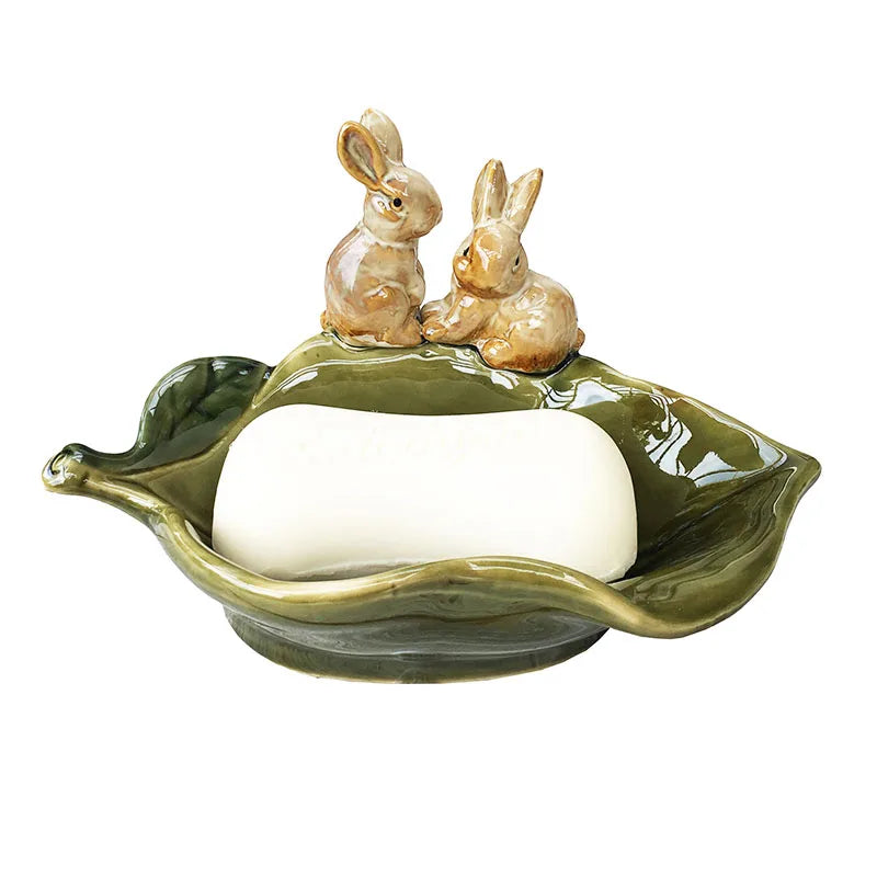 Zhenghan Porcelain Bunny Lovers Soap Dish Decorative Leaf Holder