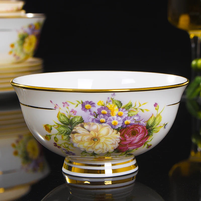 Jingdezhen Bone China Tableware Set Round Plates Bowls Spoons Floral