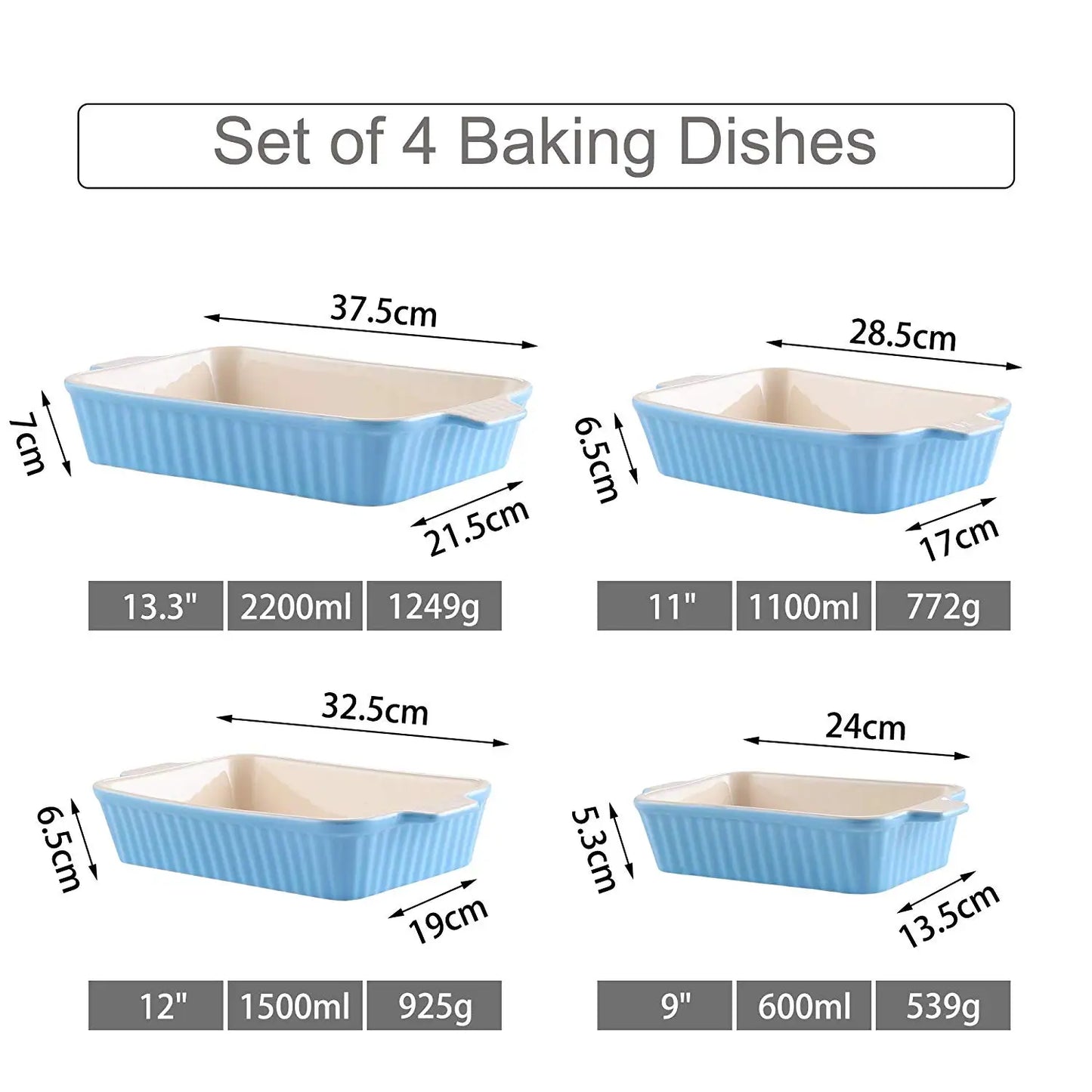 MALACASA 4 Piece Ceramic Bakeware Set With Handles For Lasagna