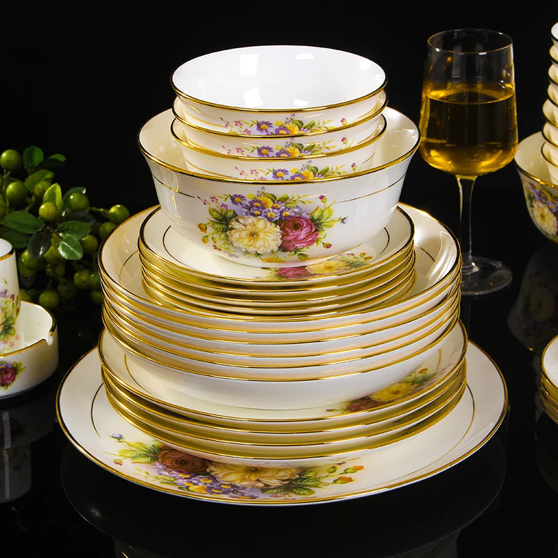 Jingdezhen Bone China Tableware Set Round Plates Bowls Spoons Floral