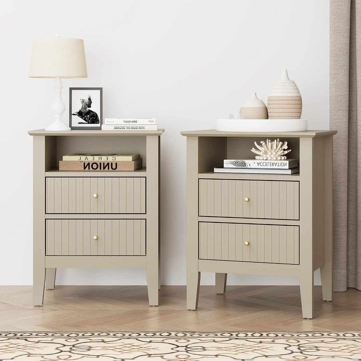 Fluted Nightstand Set Of 2 With Charging Station And Storage Shelf
