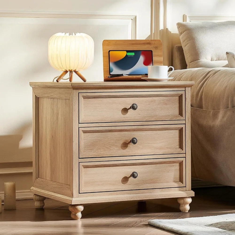 Farmhouse Wood Nightstands Set Of 2 With 3 Drawers Metal Handles