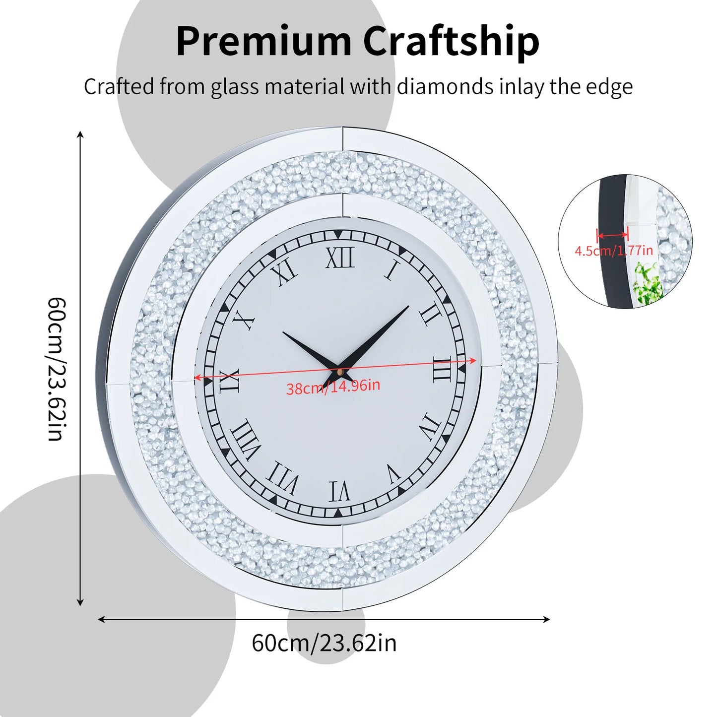Round Mirror Wall Clock With Crystal Sparkle Finish Living Room