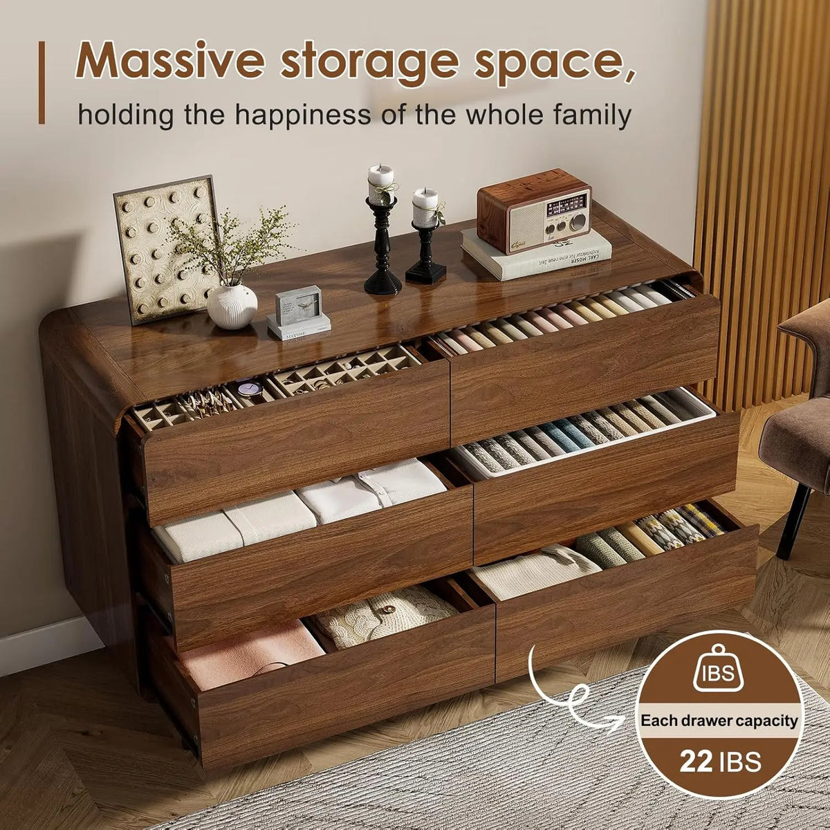 Mid Century Modern 6 Drawer Wood Bedroom Storage Dresser