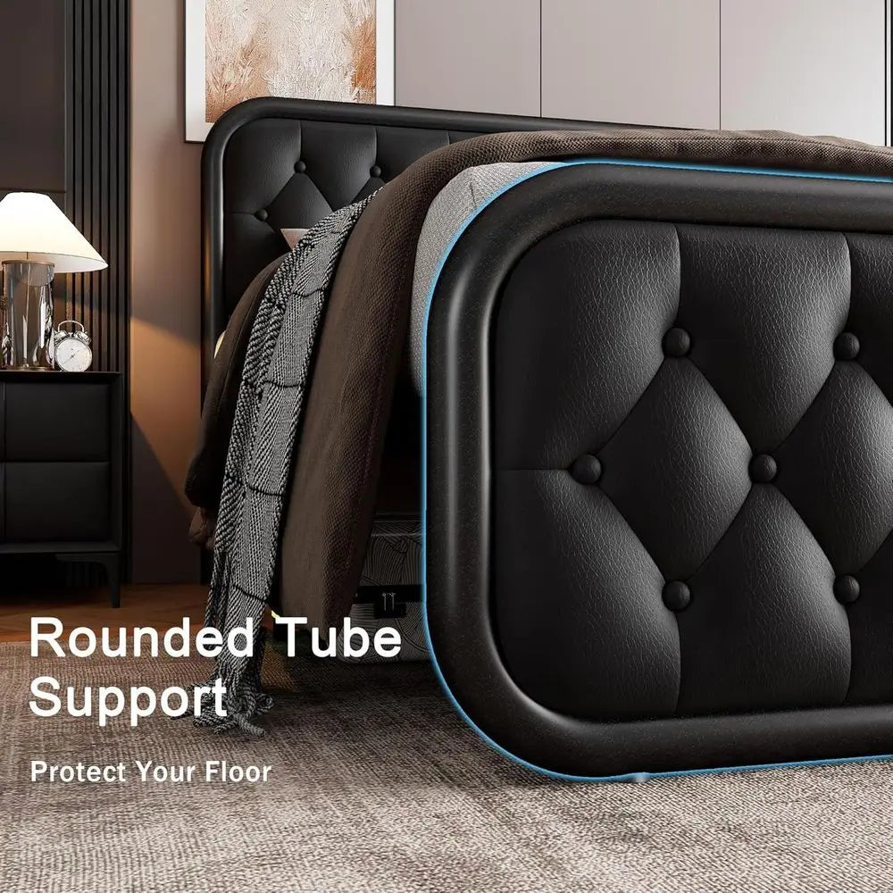GalnFu Full Metal Bed Frame, Upholstered Bed with Leather Button-Tufted Headboard & Footboard, Heavy-Duty U-Shape Platform Bed,