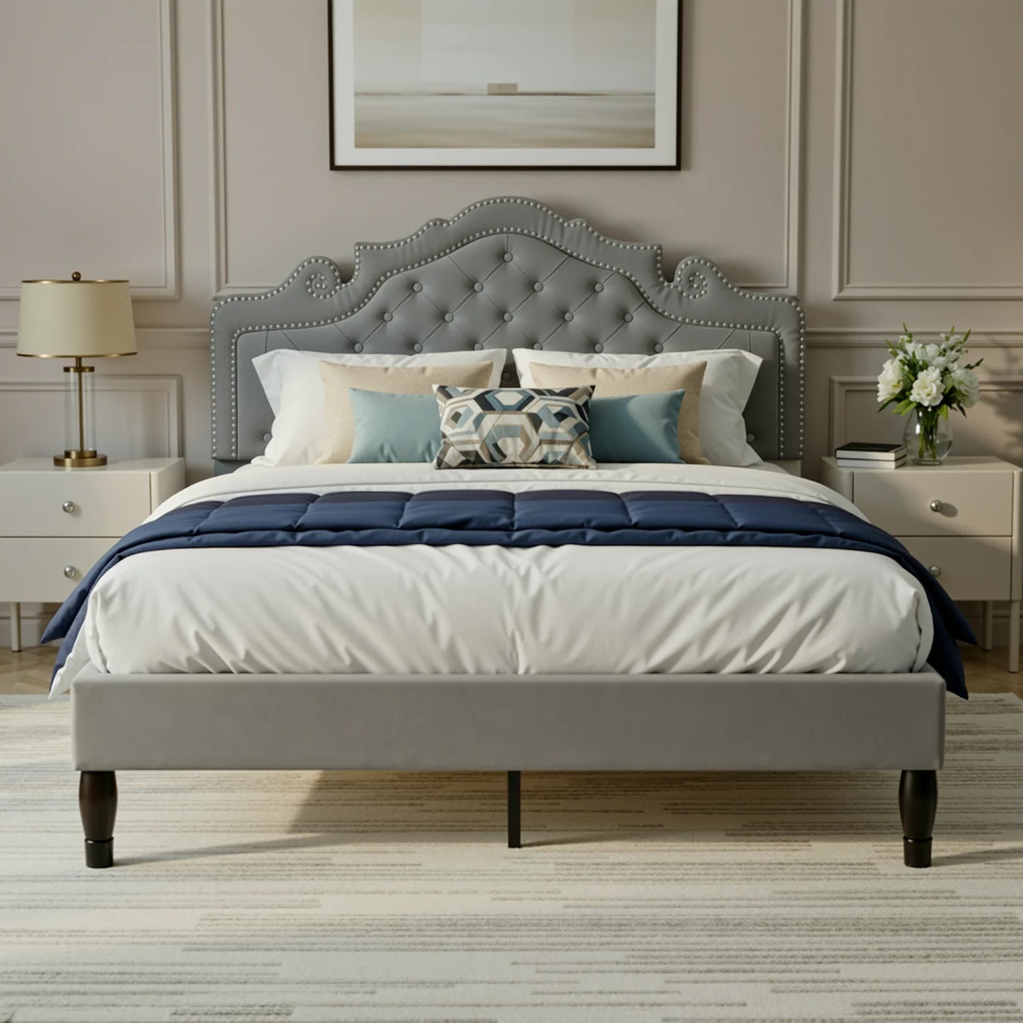 HOOMIC Velvet Platform Bed Frame With Adjustable Tiara Headboard Tufted