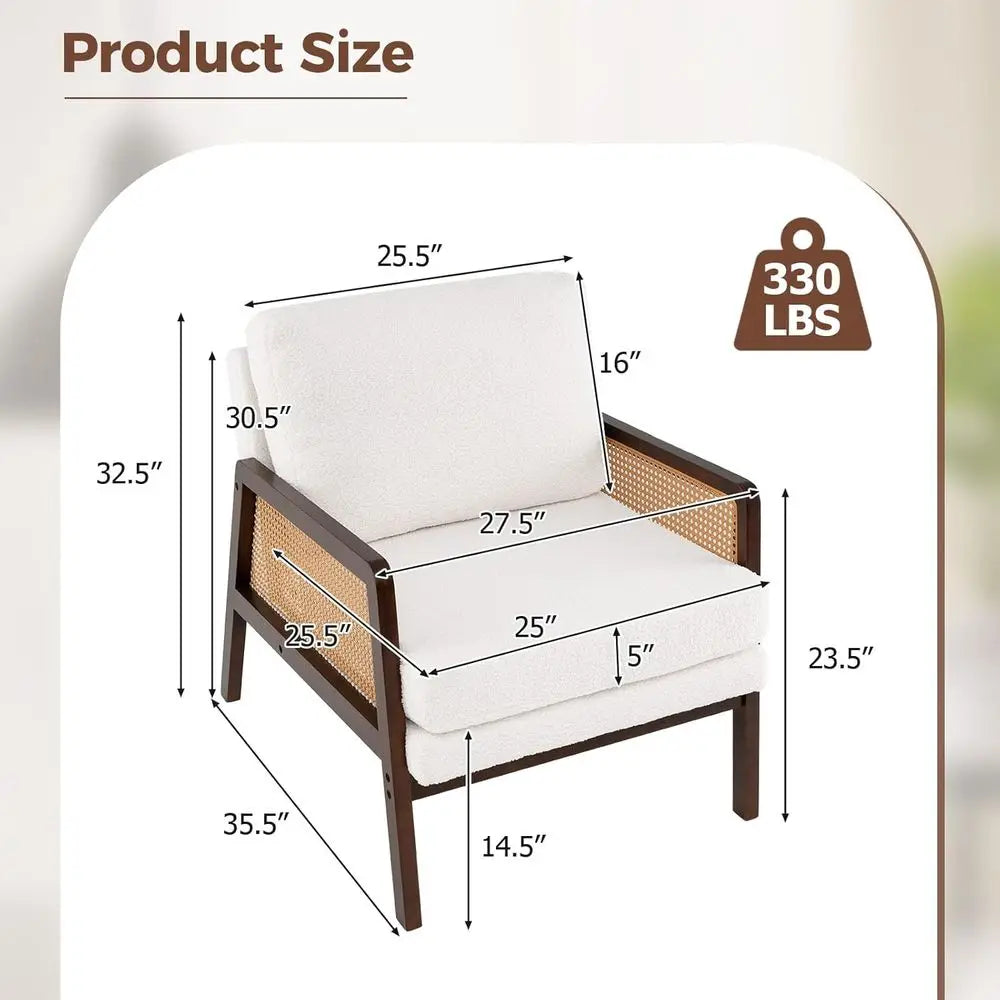 Boho Style Accent Chair With Rattan Arms And Wood Legs