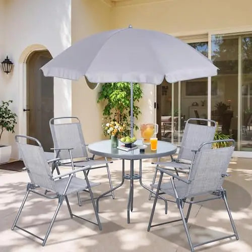 6 Piece Folding Patio Dining Set With Chairs And Umbrella