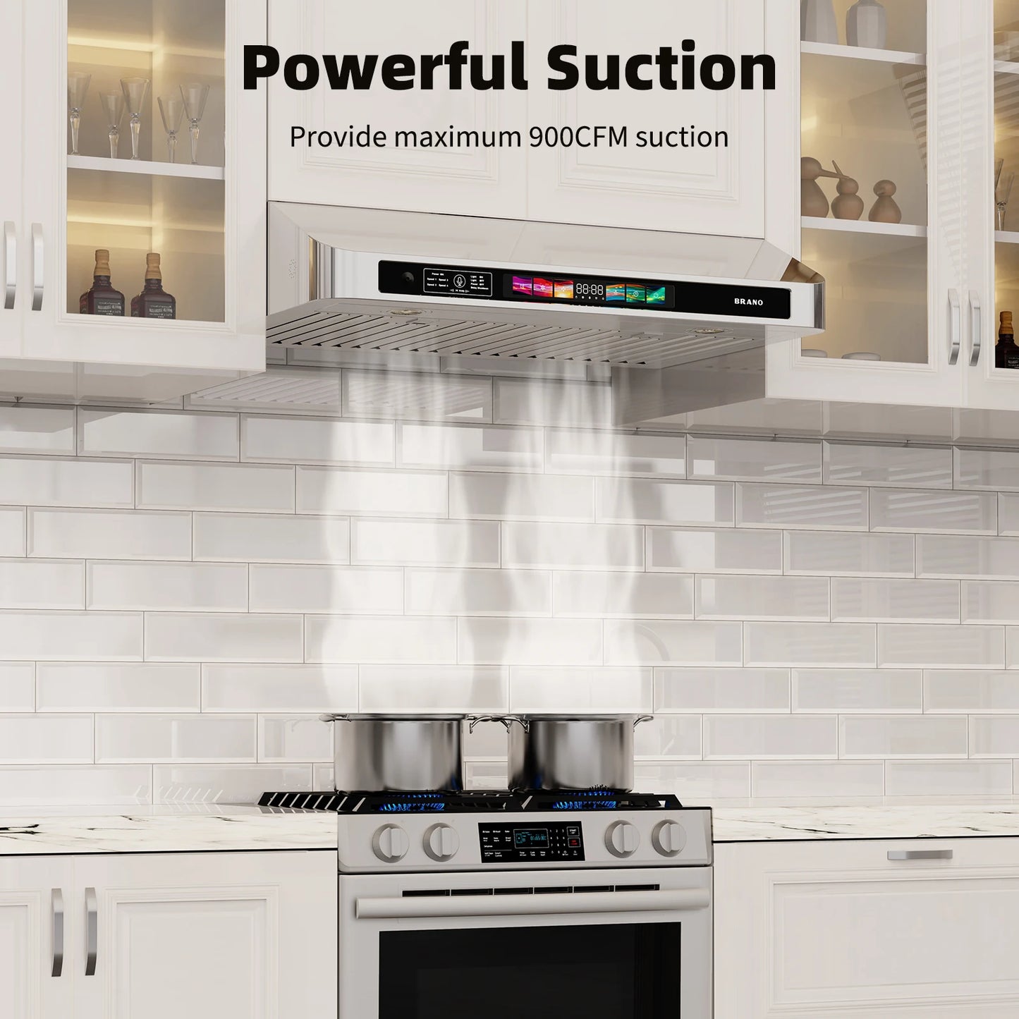 BRANO Under Cabinet Range Hood 900 CFM Voice Gesture Touch Control 4 Speed