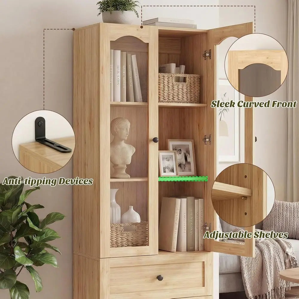 Minimalist Modern Bookcase Set With Six Tier Arched Glass Doors