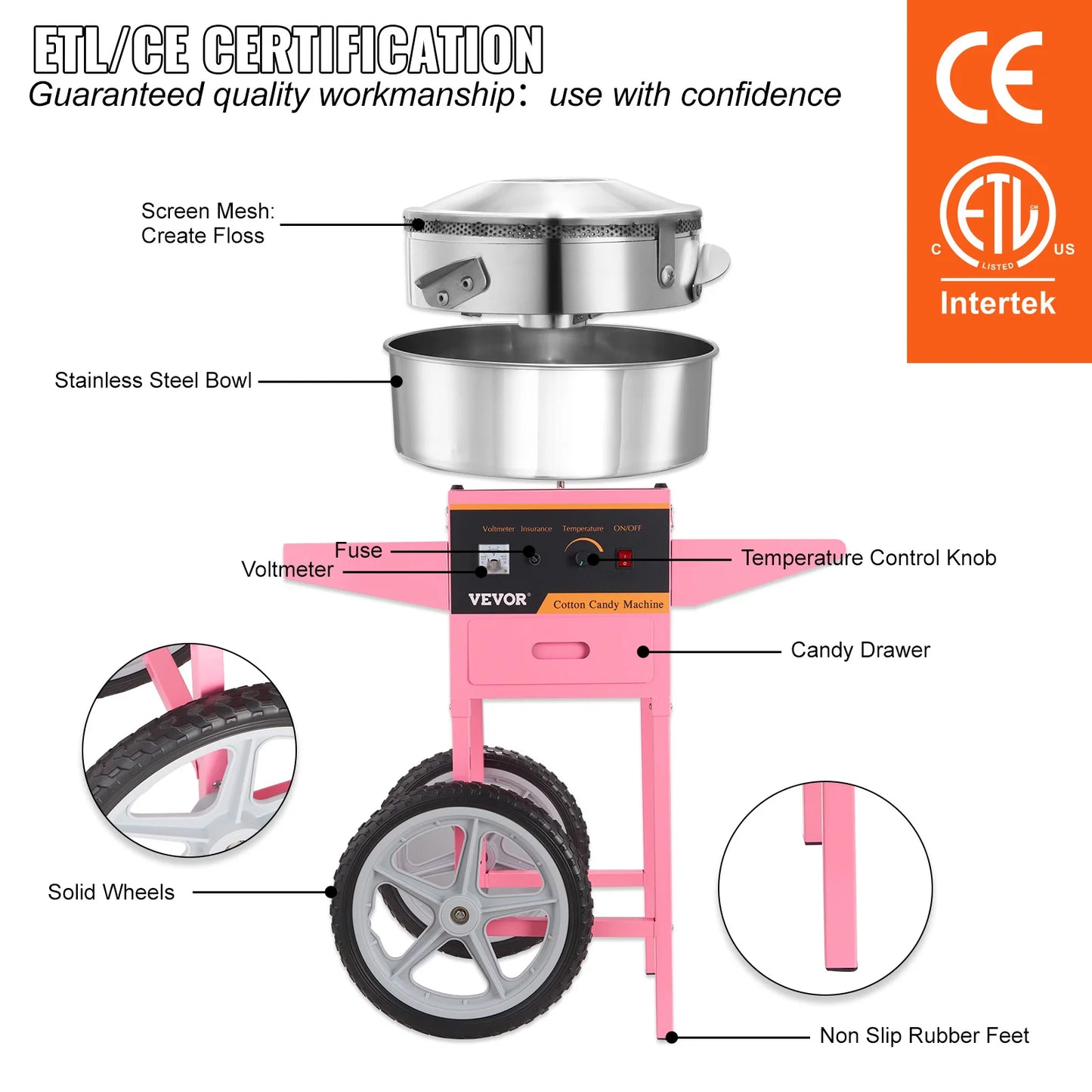 SucceBuy 1000W Electric Cotton Candy Machine With Cart