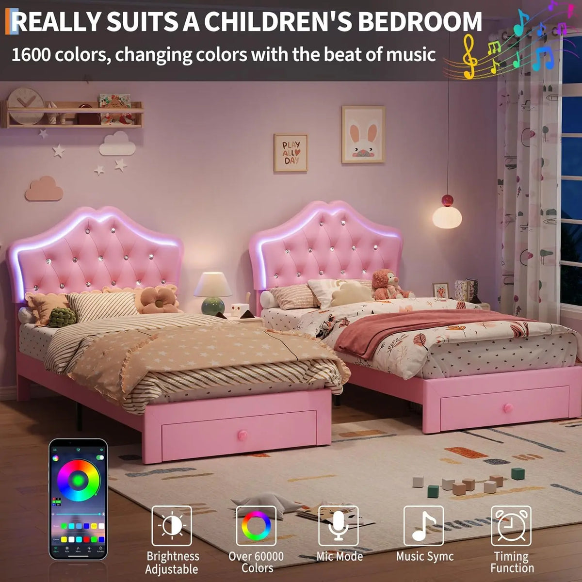 HiMISS Velvet Platform Bed Frame With LED Headboard Storage Drawer