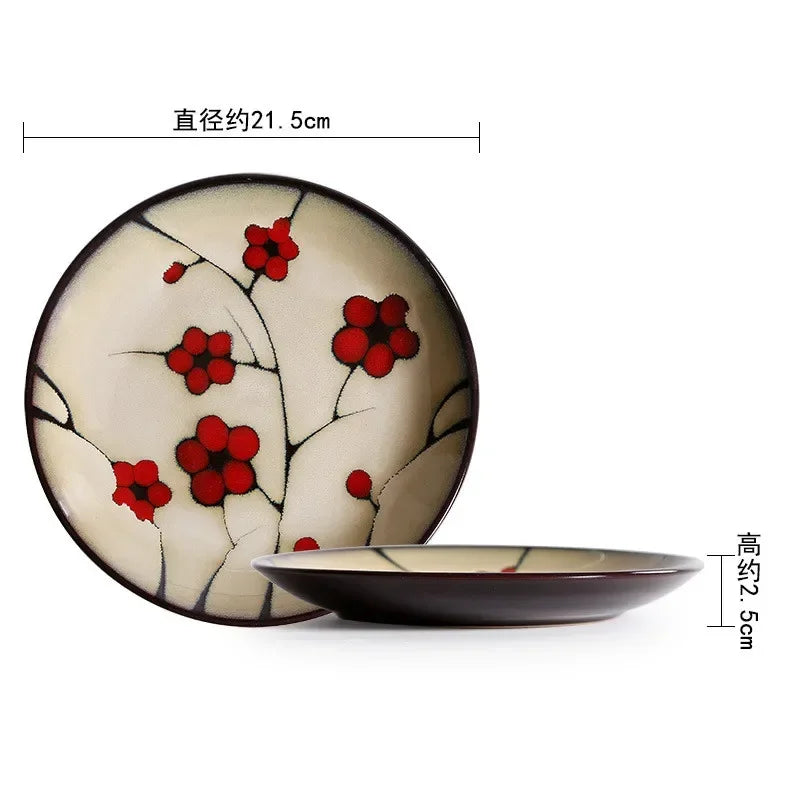 Japanese Ceramic Tableware Household Hand-painted Plum Blossom Ceramic Plate Rice Bowl Home Dinner Plates Kitchen Accessories