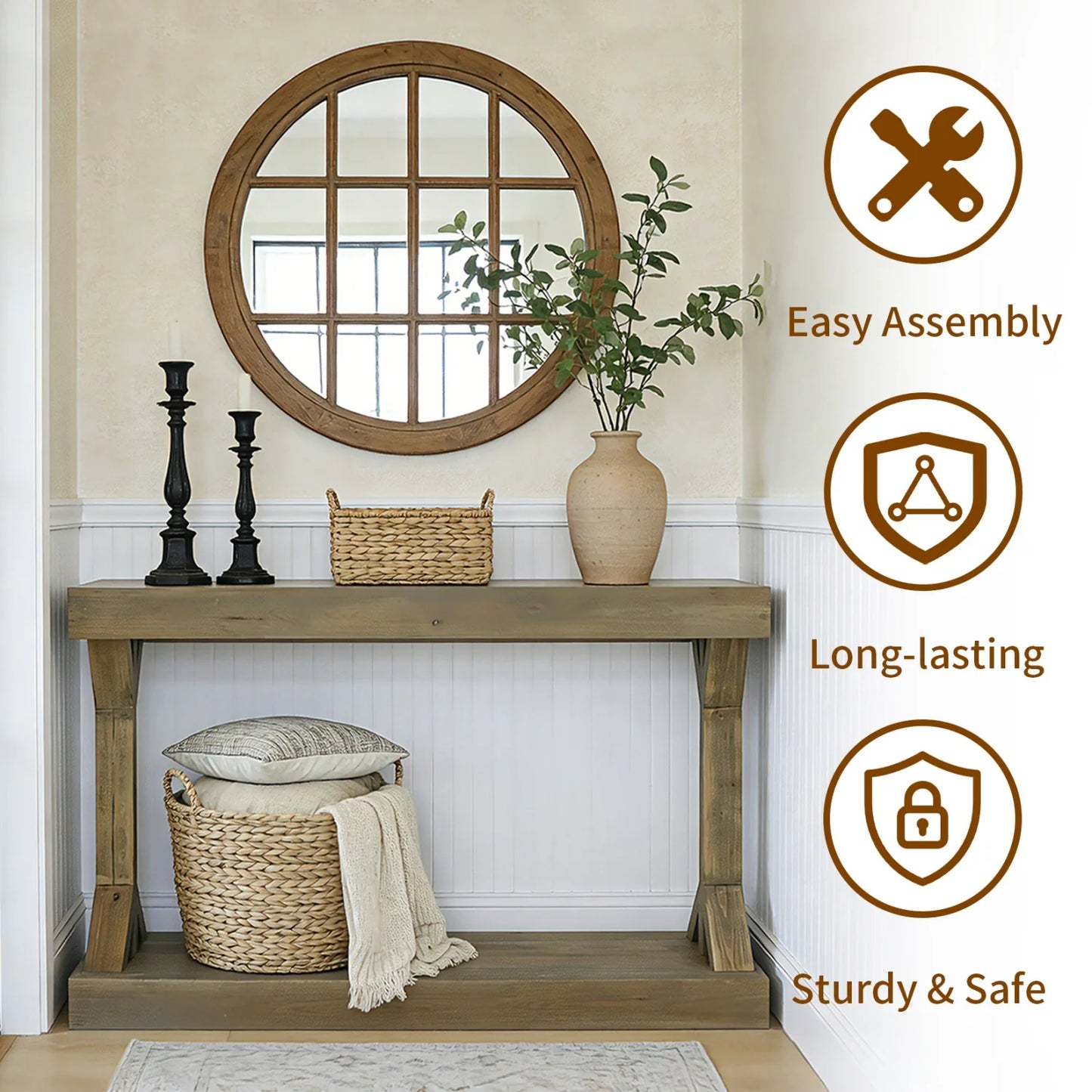 Sofa Console Table With Storage Shelf For Entryway Farmhouse Wood