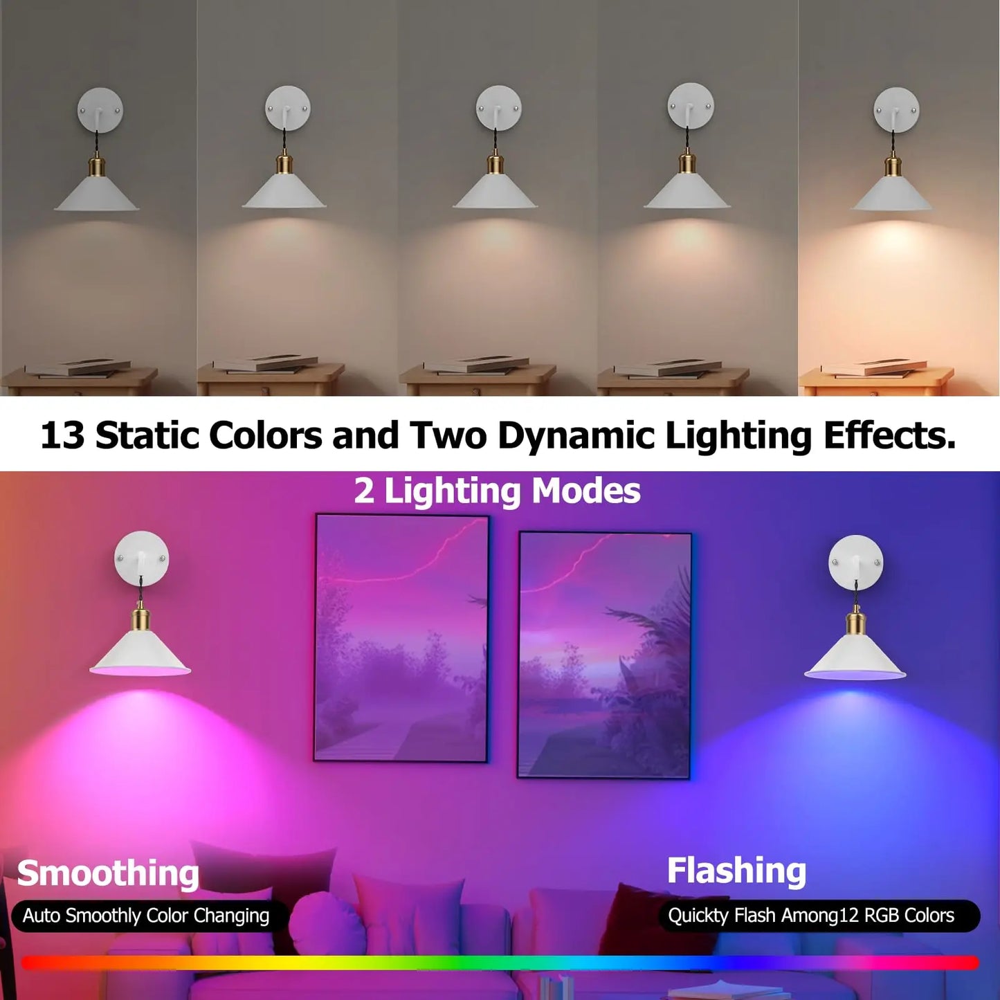 PRTILOUD Battery Operated Wall Sconces 2 Pack Remote Dimmable Warm RGB