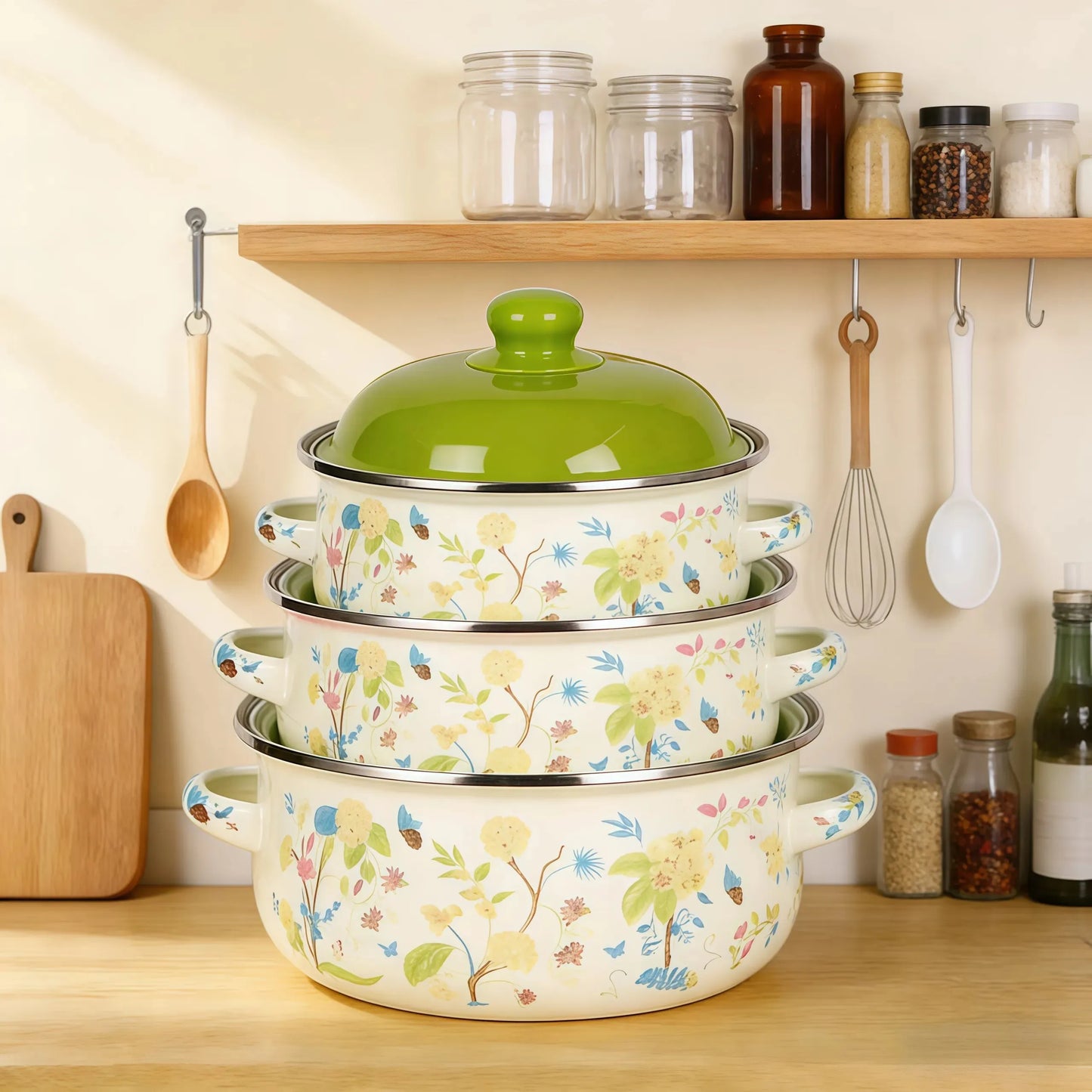 Three Piece Vintage Enamel Stock Pot Set With Lid Induction