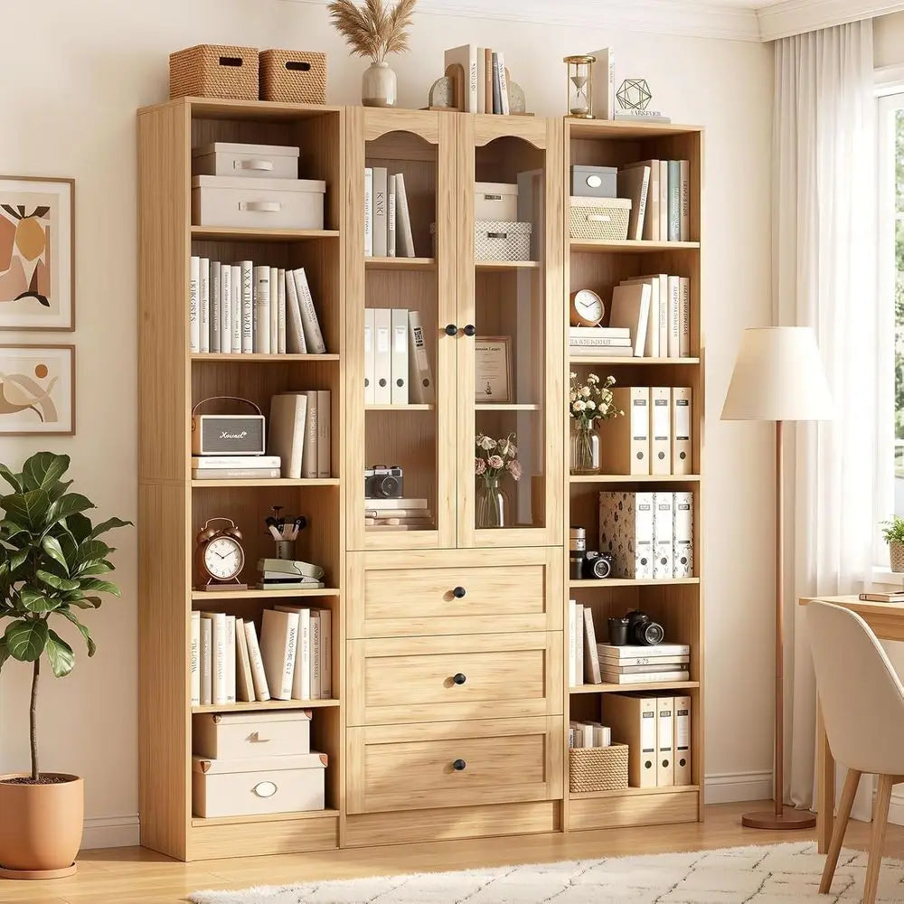 Minimalist Modern Bookcase Set With Six Tier Arched Glass Doors