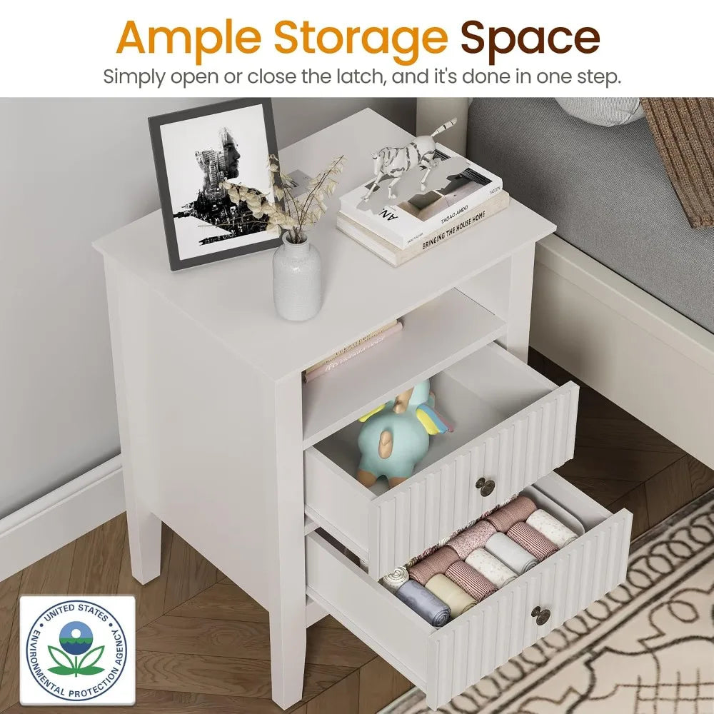 Fluted Nightstand Set Of 2 With Charging Station And Storage Shelf