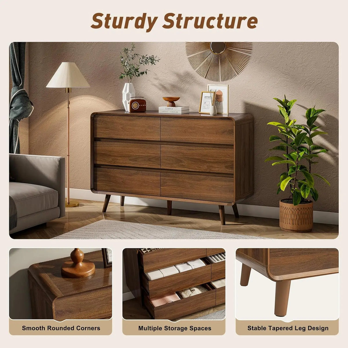Mid Century Modern 6 Drawer Wood Bedroom Storage Dresser