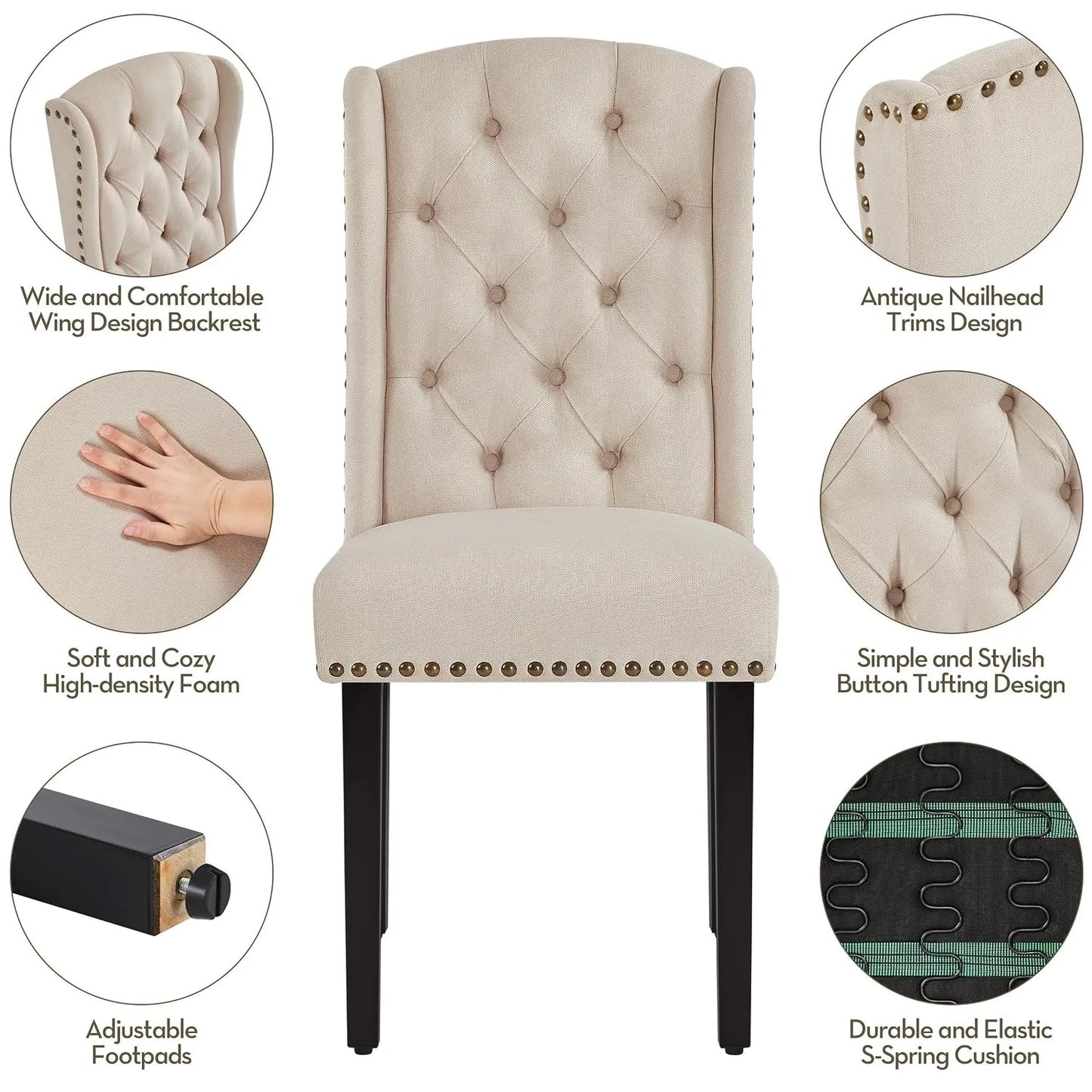 Set Of 2 Button Tufted Dining Chairs With Nailhead Trims And Solid Wood Legs
