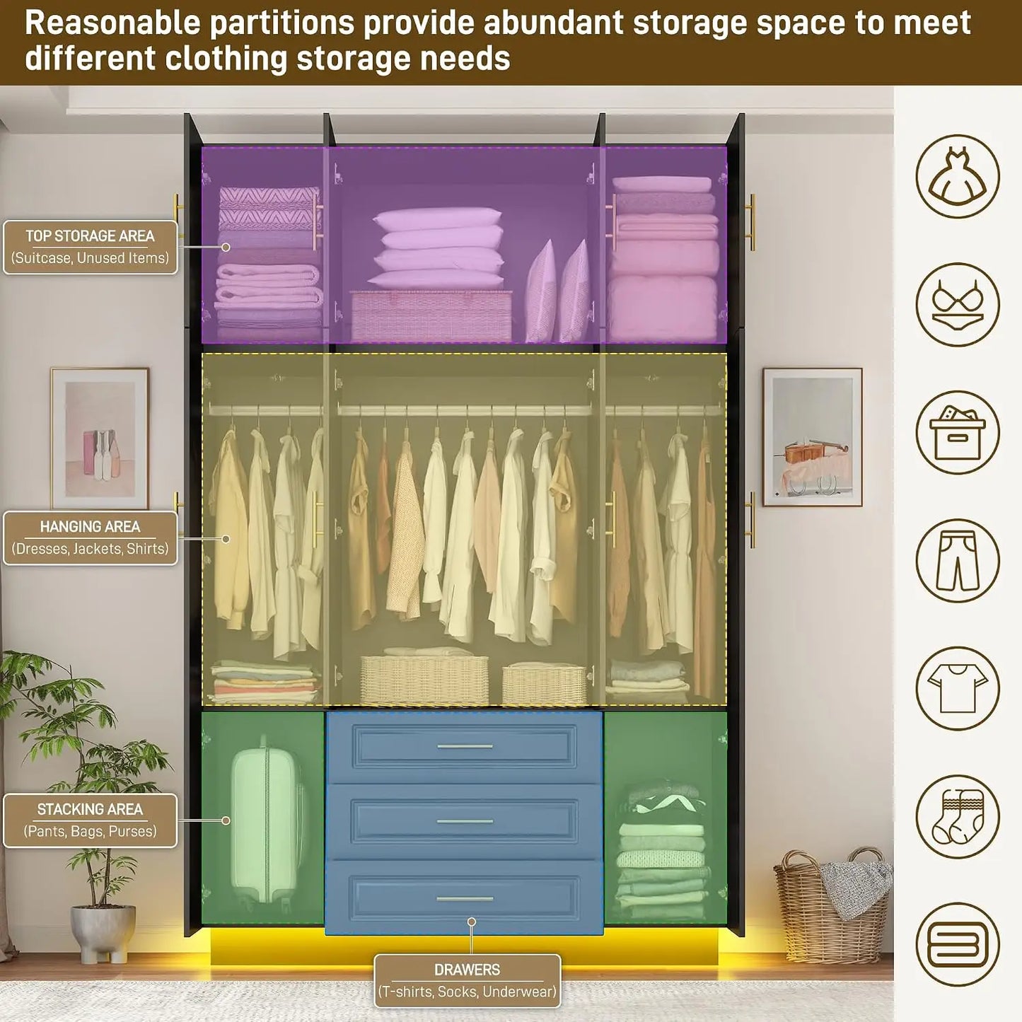 Armoire Wardrobe Closet Cabinet With Drawers Led Lights Large Capacity