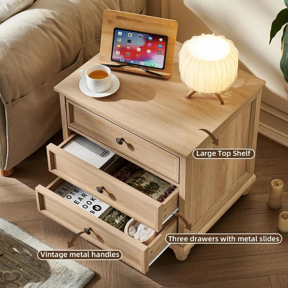 Farmhouse Wood Nightstands Set Of 2 With 3 Drawers Metal Handles