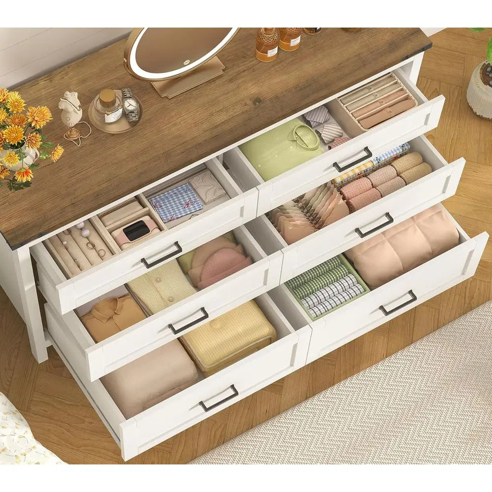 Wooden Six Drawer Dresser With Metal Handles For Bedroom Or Entryway