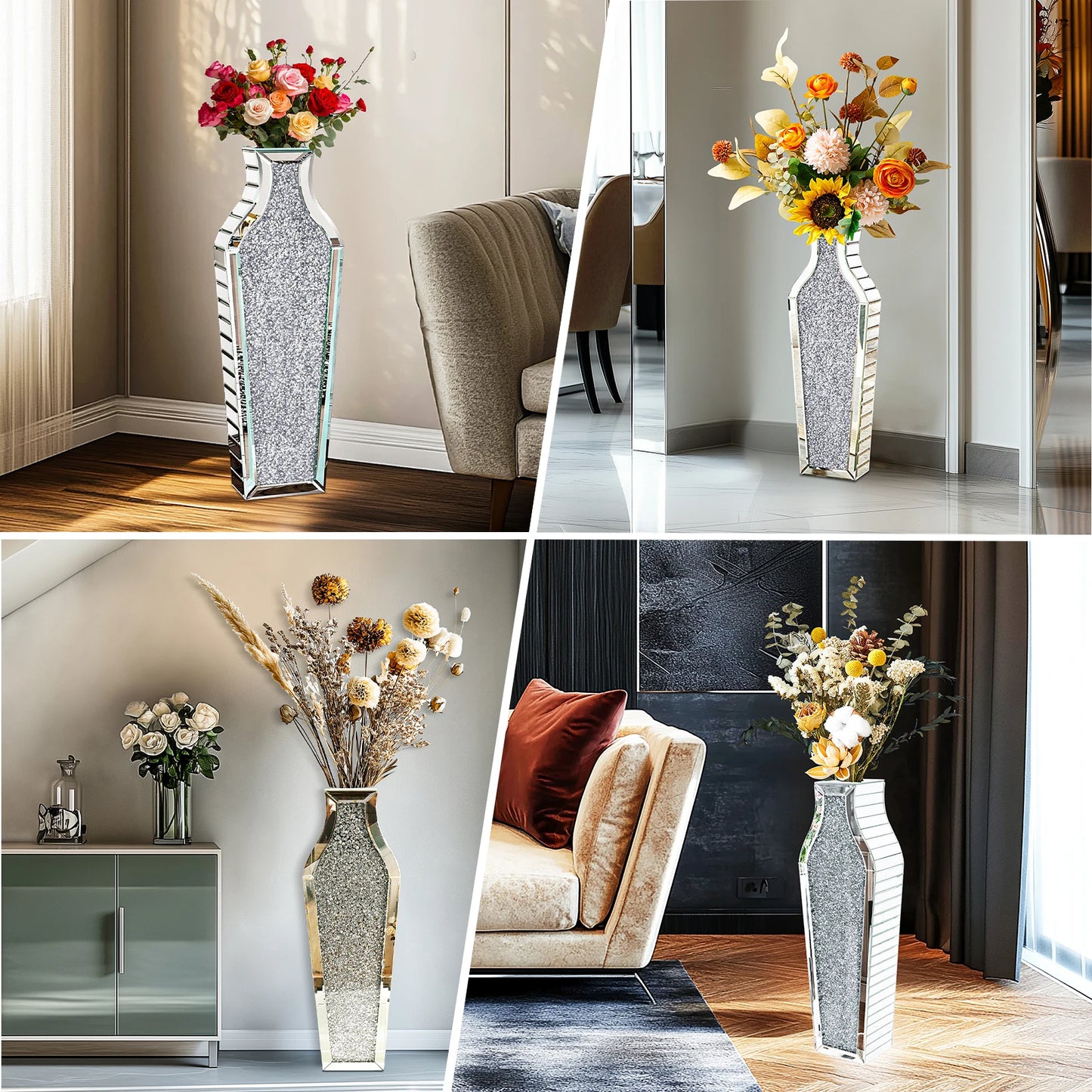 Crushed Diamond Mirrored Glass Floor Vase for Home Decor