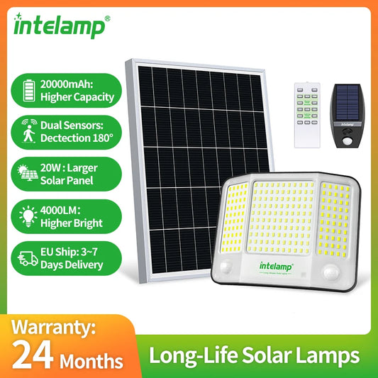 Intelamp 20000mAh Outdoor Solar Floodlight With 4000LM Dual Motion Sensors