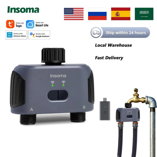 Insoma Zigbee WiFi Automatic Water Timer 2 Outlet Garden Irrigation