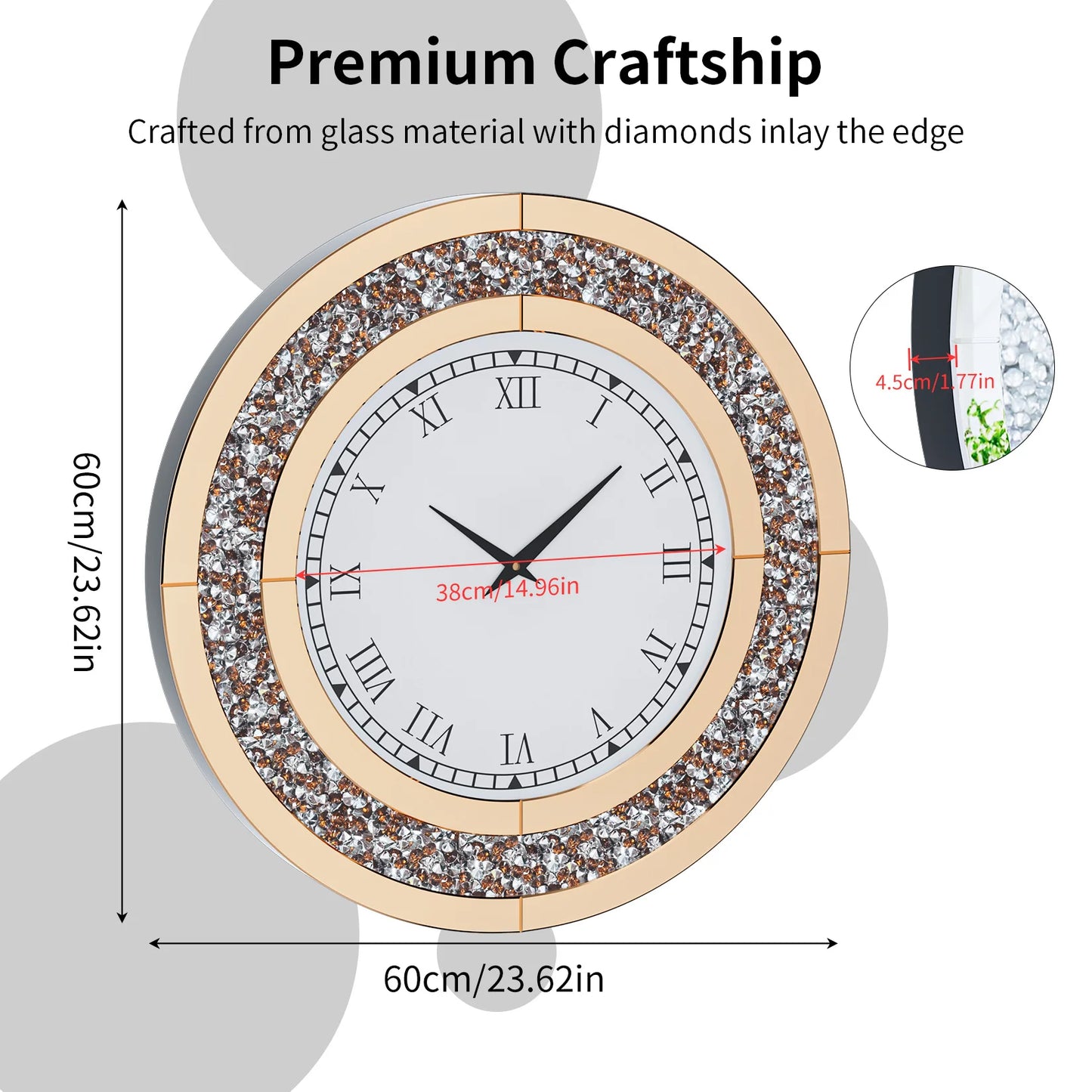 Round Mirror Wall Clock With Crystal Sparkle Finish Living Room