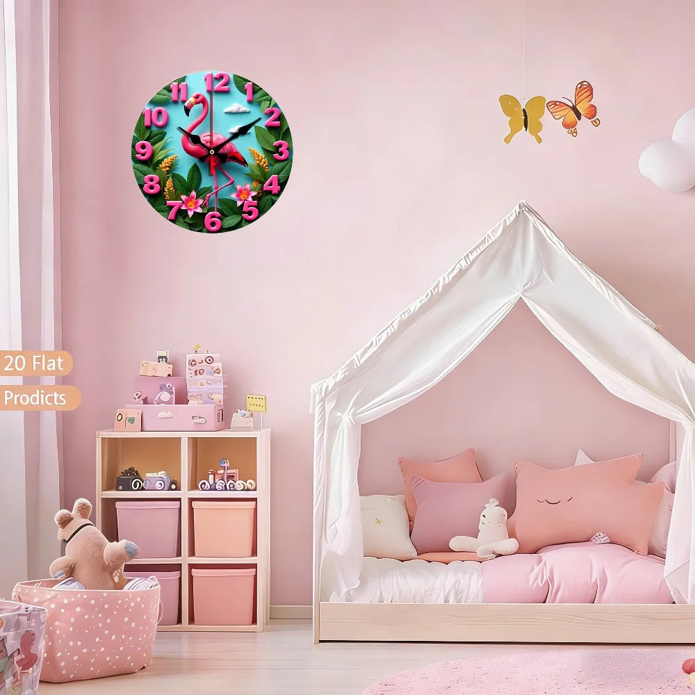Nursery Wall Clock Flamingo Garden Design Lilies Decor