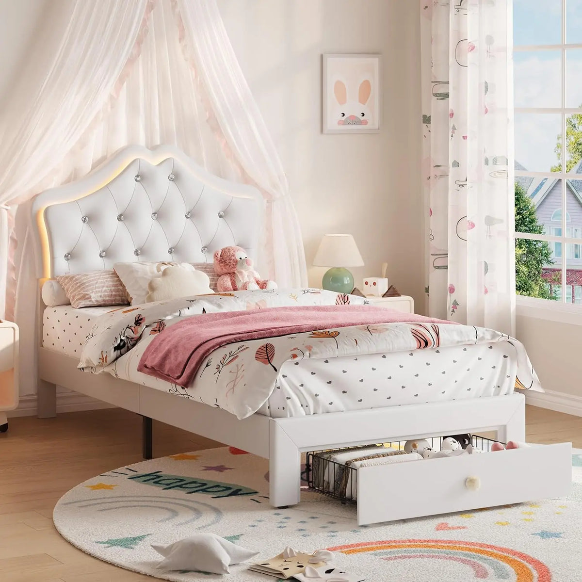HiMISS Velvet Platform Bed Frame With LED Headboard Storage Drawer