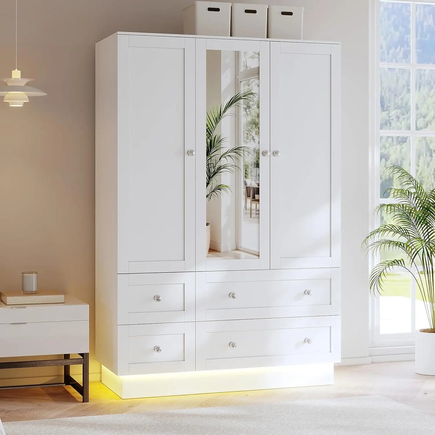 Wardrobe Closet With 3 Doors 4 Drawers Mirror Armoire LED