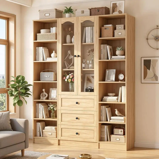 Minimalist Modern Bookcase Set With Six Tier Arched Glass Doors